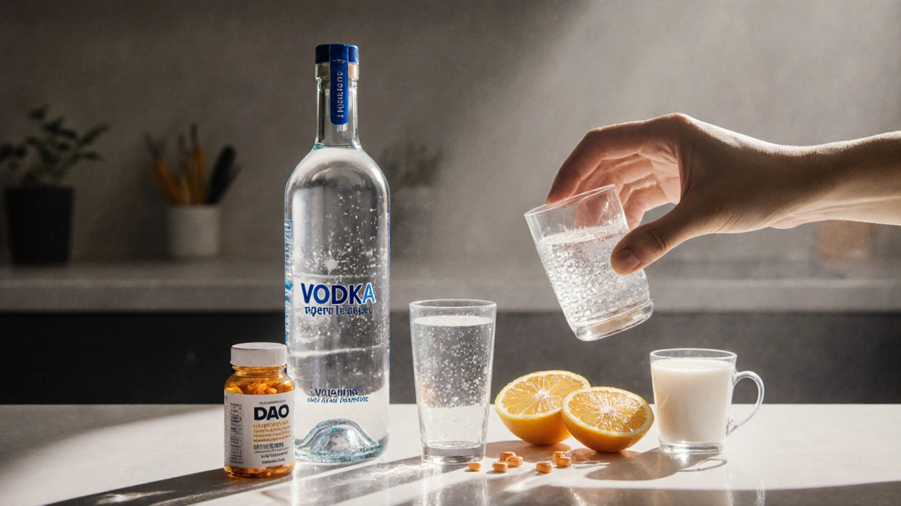 Barová scéna s vodkou, vodou, DAO doplňkem, vitamínem C a probiotiky, připravená na podporu detoxikace po pití.