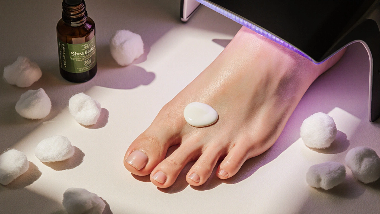 Dokončená pedikúra s čistými nehty a krémem na chodidle.