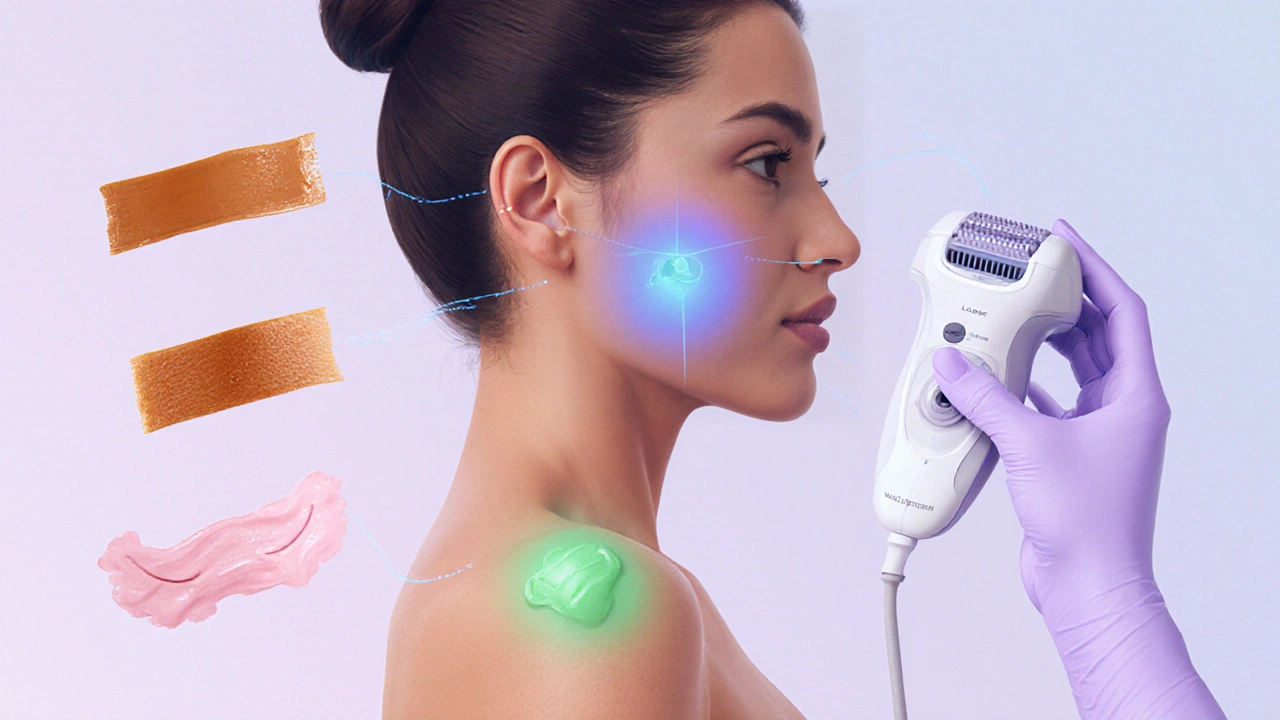 Ilustrace ženy s různými metodami depilace na těle: vosk, laser, IPL, epilátor, krém.