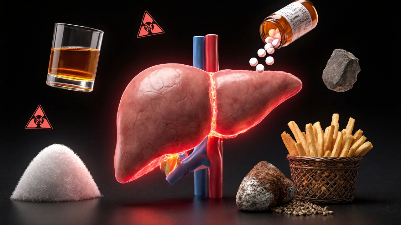 Játra obklopená symboly škodlivých látek: whisky, tablety, cukr, smažené, olovo, plíseň.