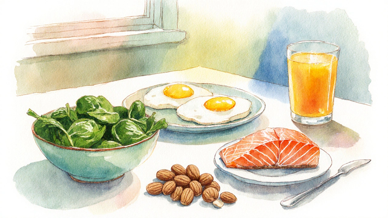 Jídelní stůl s potravinami bohatými na železo, biotin, vitamín D a omega‑3.