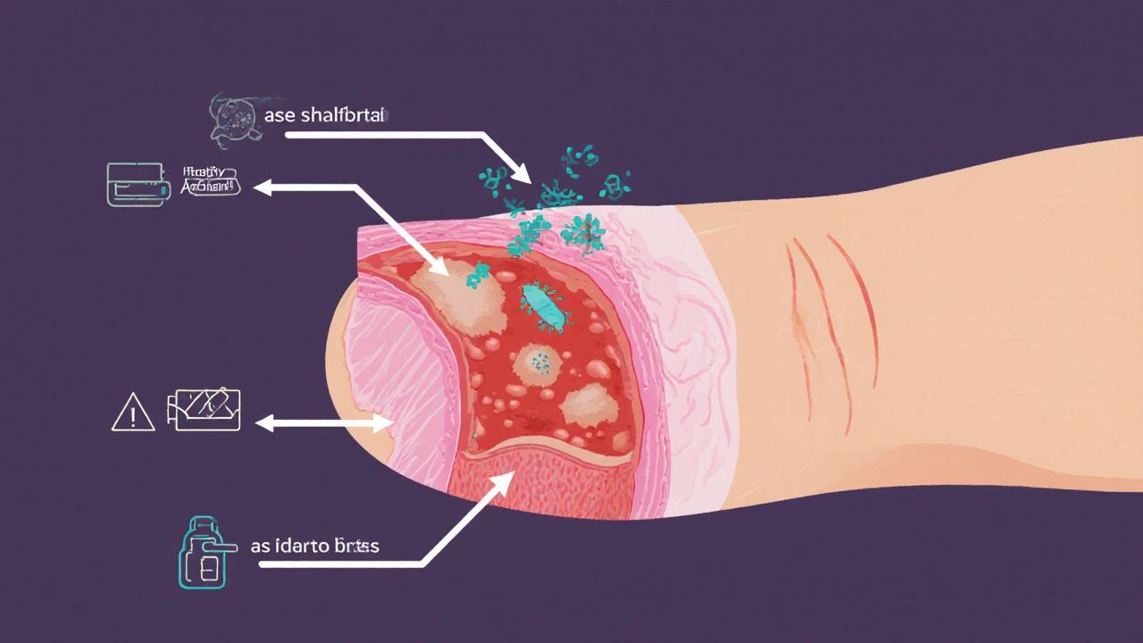 Křížový řez prstu ukazující zánět a bakterie kolem nehtu.