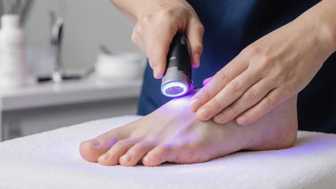 Odborník jemně odstraňuje kaluž na patach pomocí pilířku.