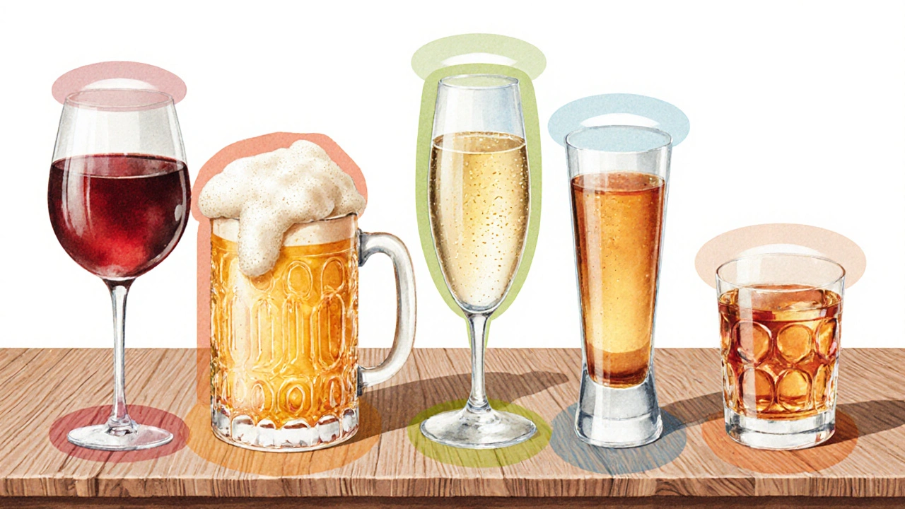 Pět různých alkoholických nápojů na stole, každý obklopen barevným aurem znázorňujícím úroveň histaminu.