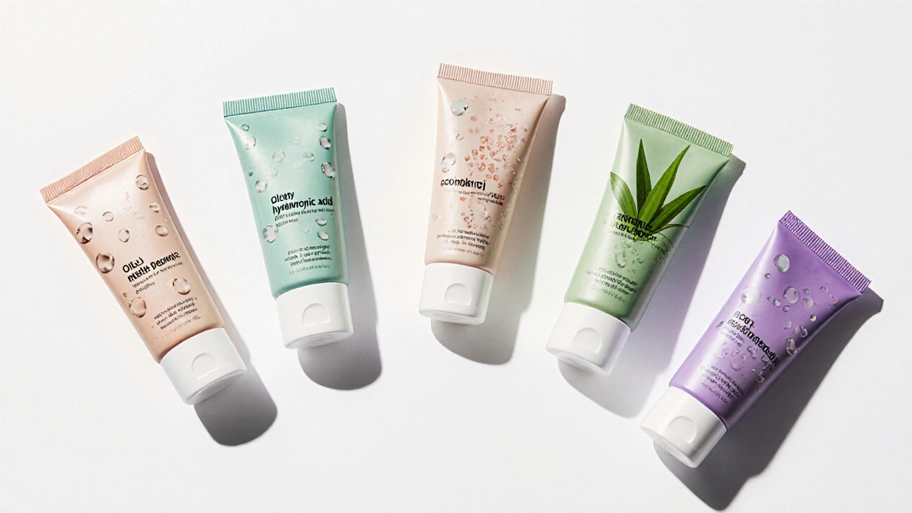 Pět typů primerů podle typu pokožky, každý s charakteristickými složkami, na bílém pozadí.