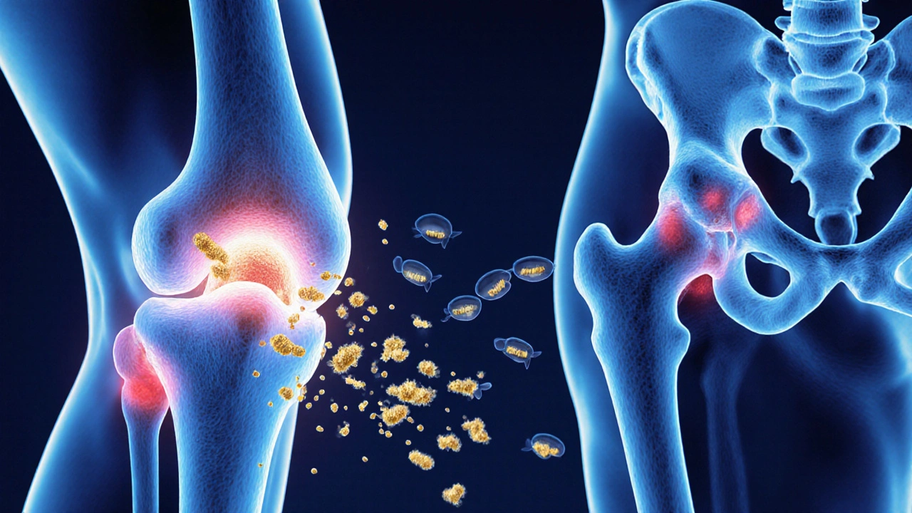 Pod mikroskopem se obnovují chrupavky v kloubu s kolagenovými vlákny.