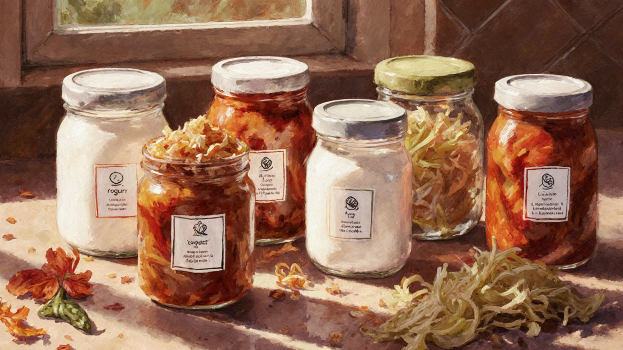 Přehled fermentovaných potravin – jogurt, kefír, kimchi, kysané zelí – s přírodními ingrediencemi.