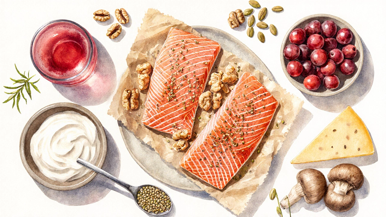 Přehled potravin bohatých na omega‑3, vitamin E a brusinkový extrakt.