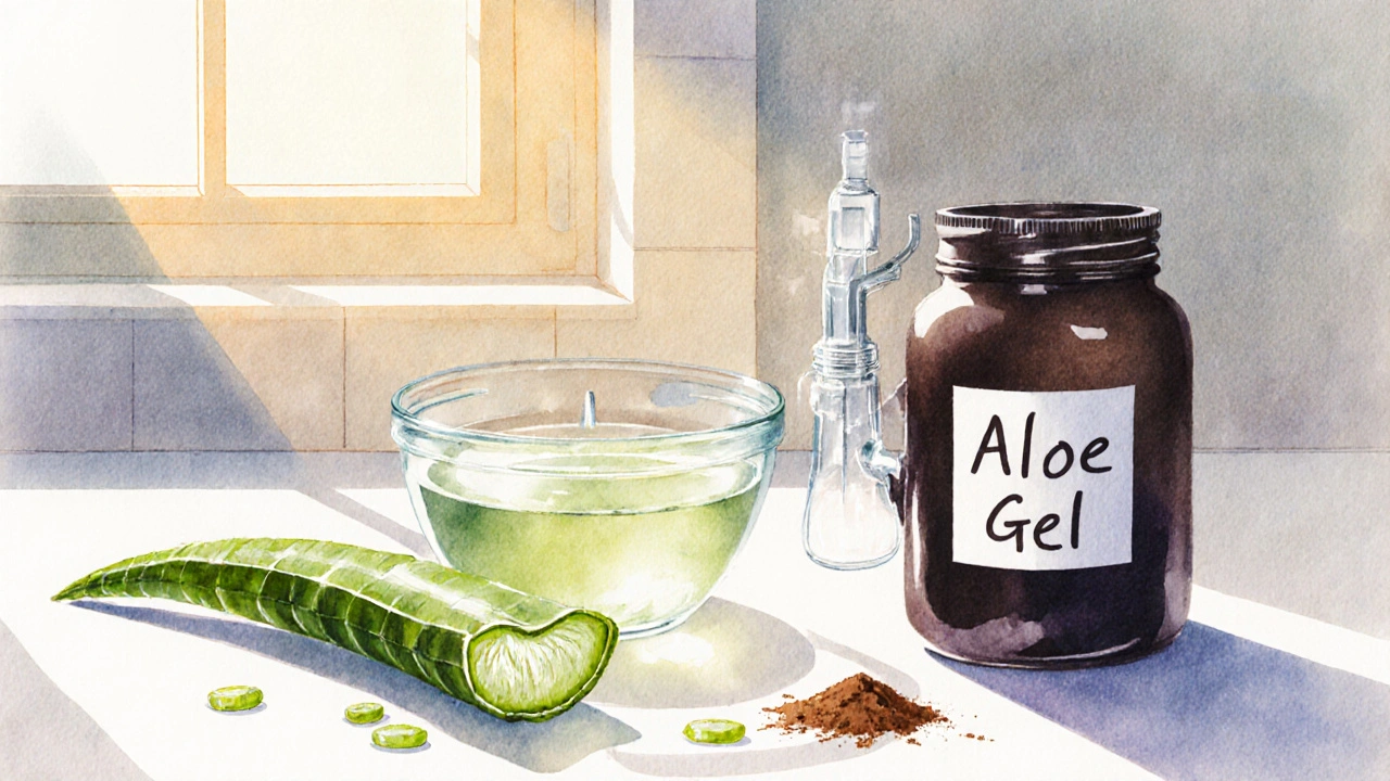 Příprava domácího aloe vera gelu: řezání listu, mixér a skleněná láhev.