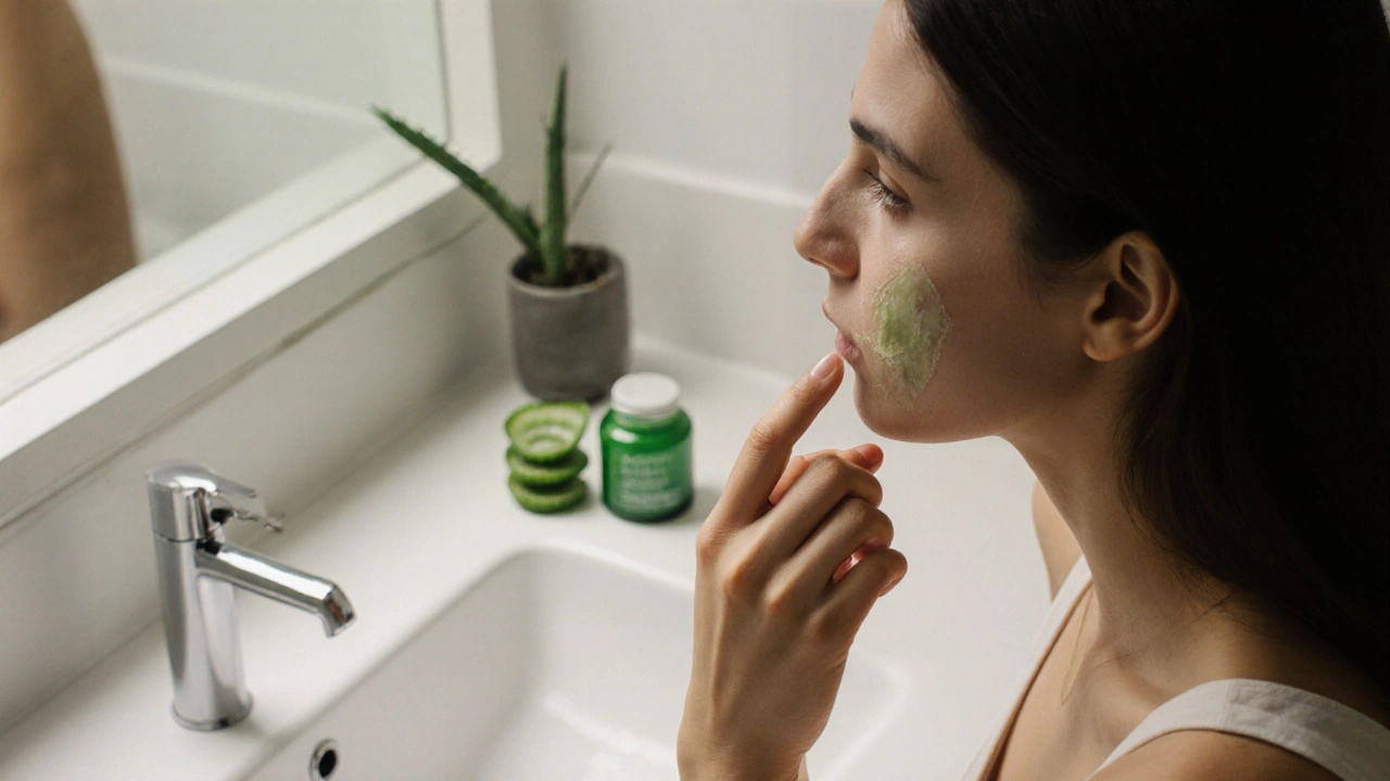 Žena nanáší tenkou vrstvu aloe vera gelu na tvář v koupelně.