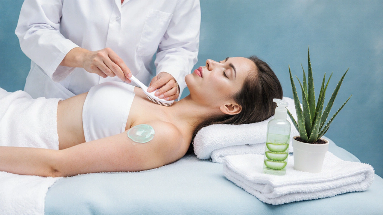 Žena po laserové epilaci dostává chladící gel od dermatologa.