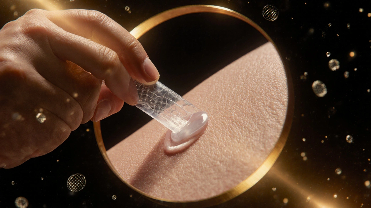 Zvětšený pohled na primer, který zakrývá póry tenkou pružnou vrstvou na kůži.