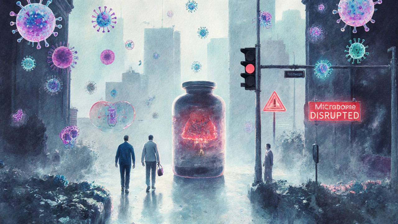 Abstraktní obrázek imunitního systému jako rozpadajícího se města s zaměstnanci zmatenými ve mlze.