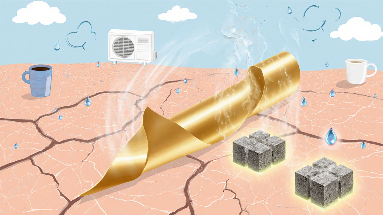 Abstraktní obrázek prasklé pleti s lipidovou bariérou, kterou obnovují ceramidy, cholesterol a mastné kyseliny.