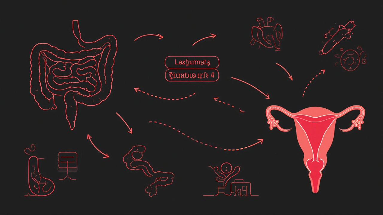 Cesta probiotik z trávicího traktu do pochvy, znázorněná jako biologická migrace s pH indikátory.