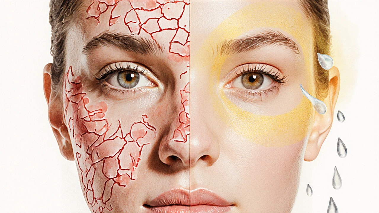 Dělená tvář: jedna strana je podrážděná, druhá vyvážená s klasickým pH 5,5.