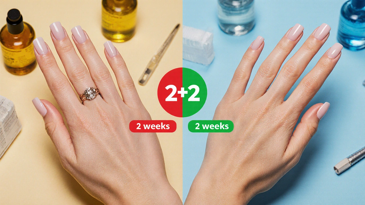 Dvě ruce: jedna s častým gel lakem, druhá s přirozenými a obnovenými nehty.