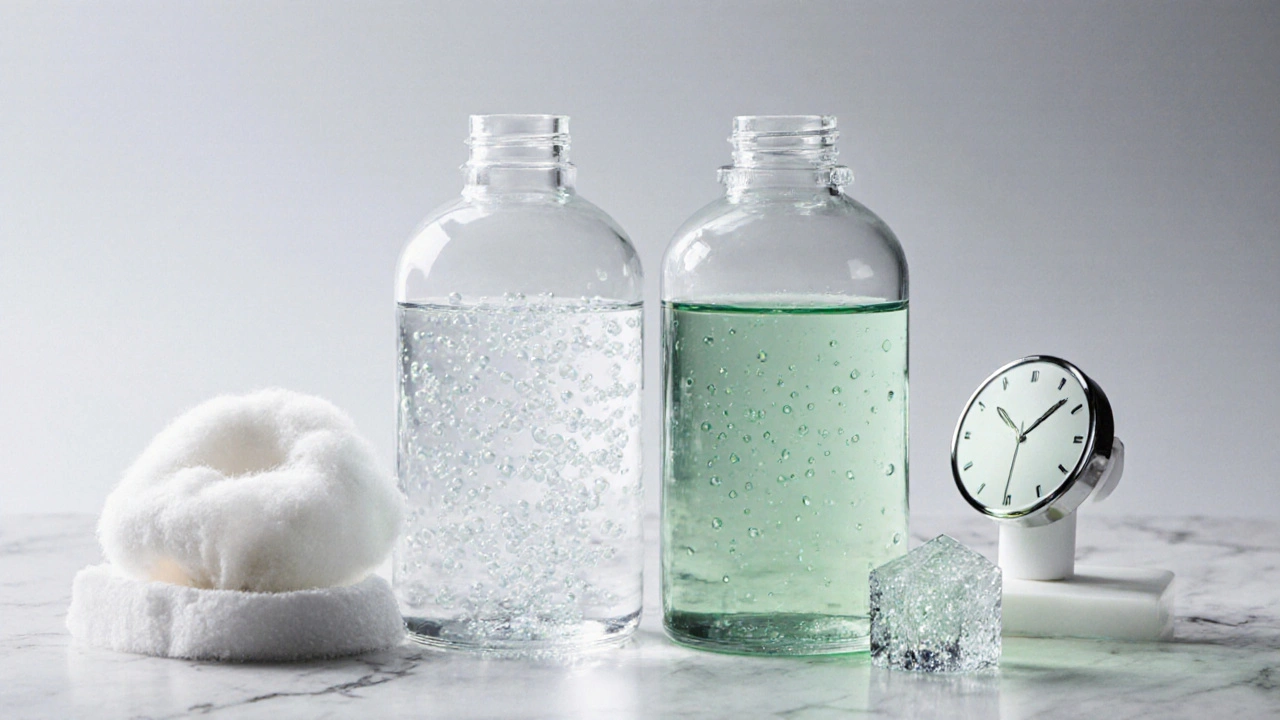 Dvě skleněné lahve s micelární vodou a tonikem na marové desce s vatovými diskami.