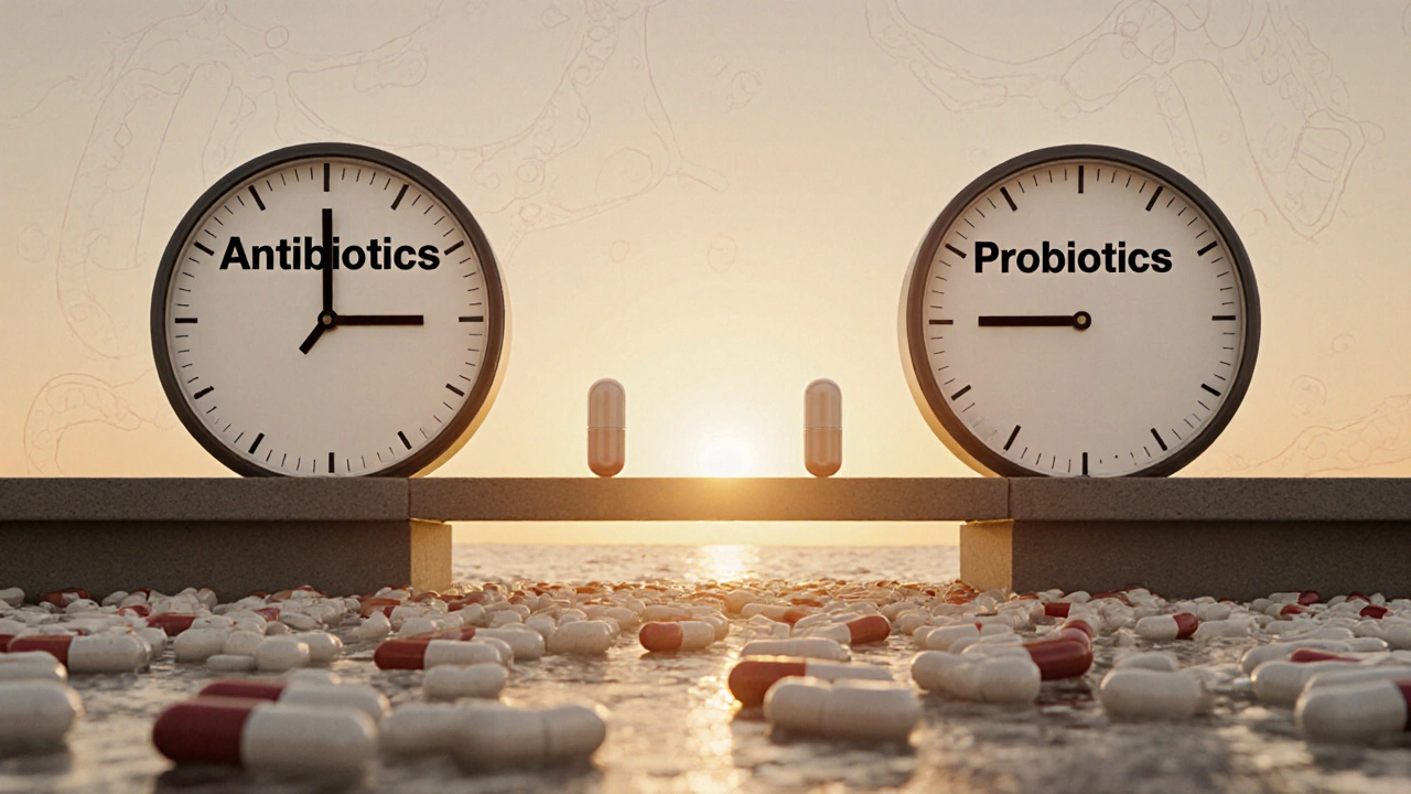 Hodiny ukazují 2hodinovou mezera mezi antibiotiky a probiotiky, kapsle překračuje most.