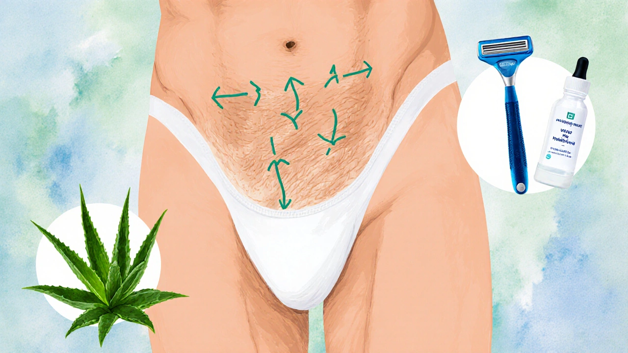 Ilustrace směru růstu vlasů na koulích s příznaky péče o pokožku.