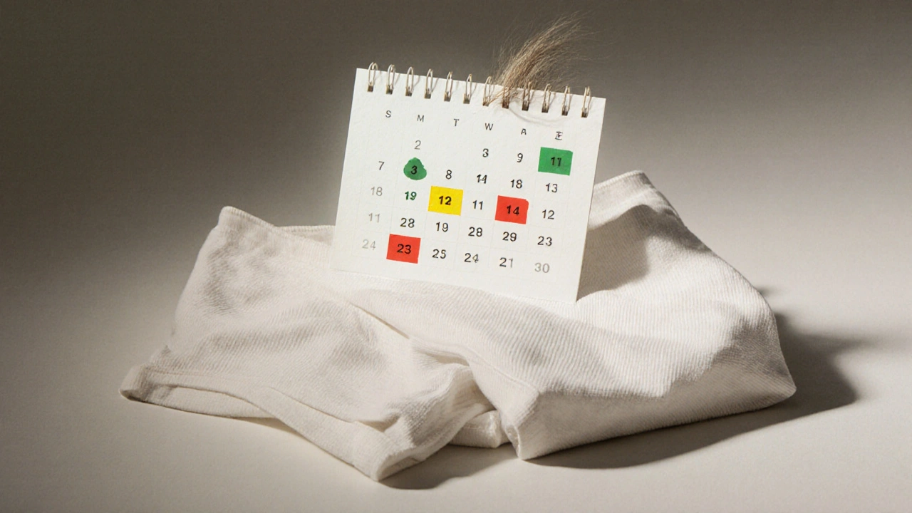 Kalendář s intervaly holení a jedna vlasová vlákna na spodním prádle.