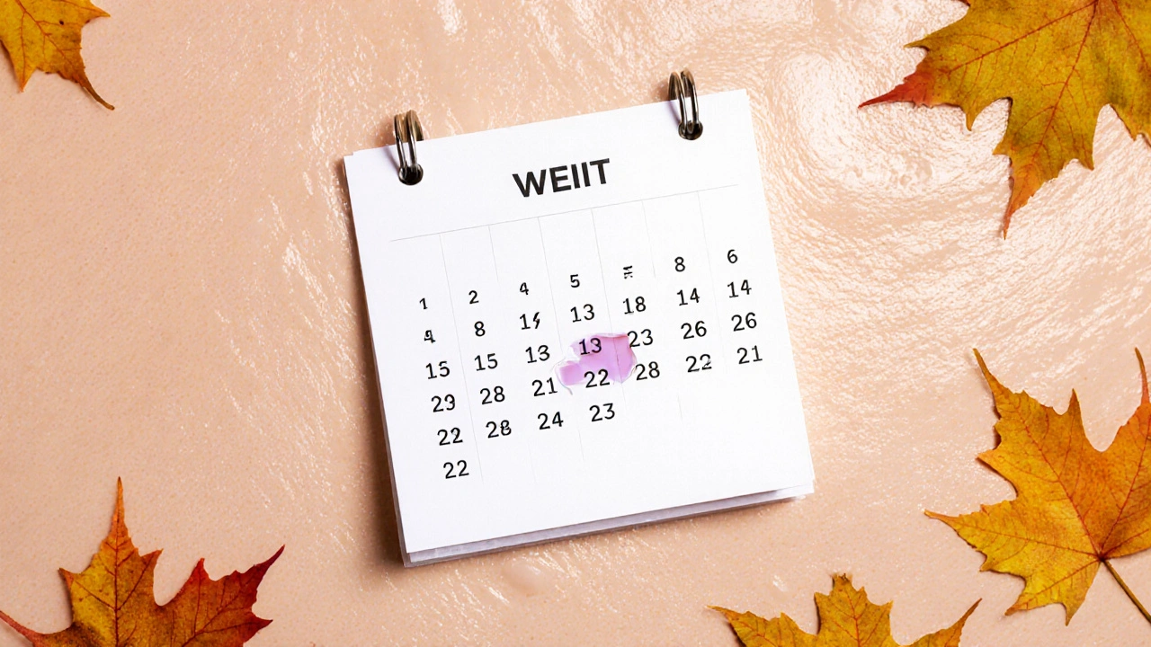 Kalendář s plánem péče o pokožku v rozkroku a podzimní listí jako symbol ideálního času pro laser.