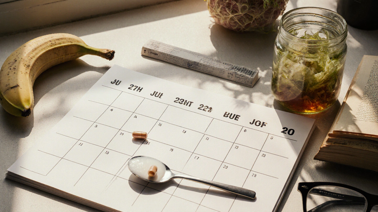 Kalendář s probiotiky a přirozenými potravinami označující období po léčbě antibiotiky.