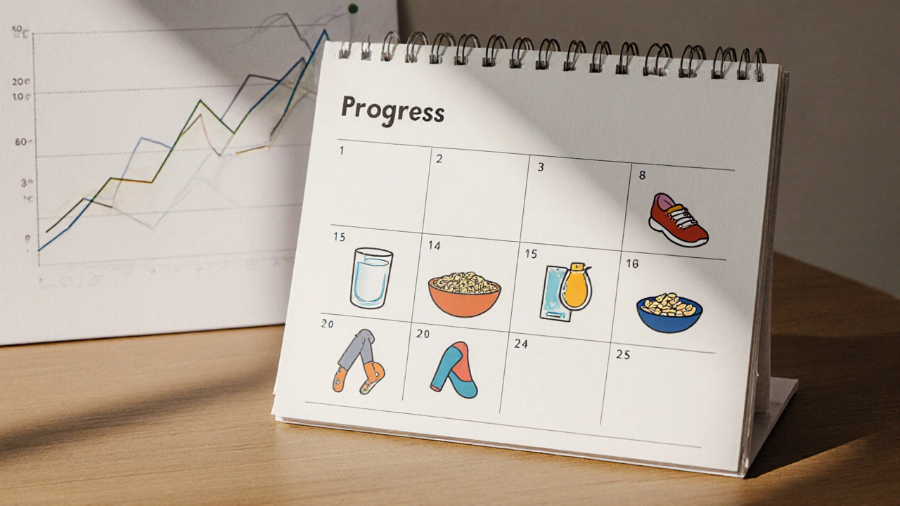 Kalendář sedmi dní s ikonami probiotik, vody, ovesky a chůze, symbolizující postupnou úlevu od zácpy.