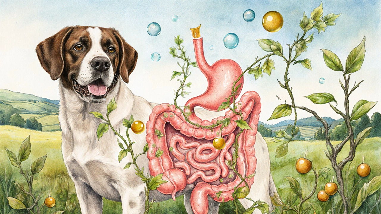 Koncepční obrázek trávicího traktu psa jako květinové zahrady s kvasnicemi jako semeny.