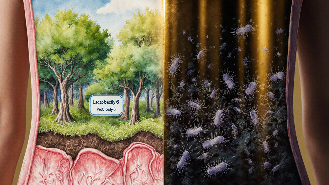 Kontrast mezi zdravou a narušenou mikroflórou v ženském těle, symbolizující rovnováhu a dysbiózu.
