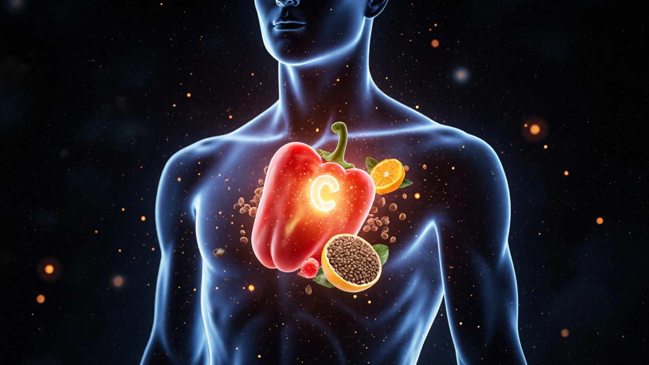 Kontur lidského těla vyplněná živinami z potravin, symbolizující přirozenou podporu imunity.