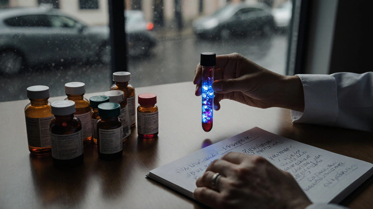 Lékař klade krevní test na stůl vedle lahviček s vitamíny, krevní tubus září modrým světlem.