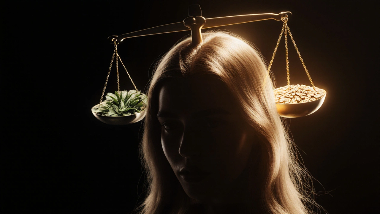 Lidská hlava na váze: škodlivé látky klesají, přírodní složky stoupají, zdravá pokožka září.