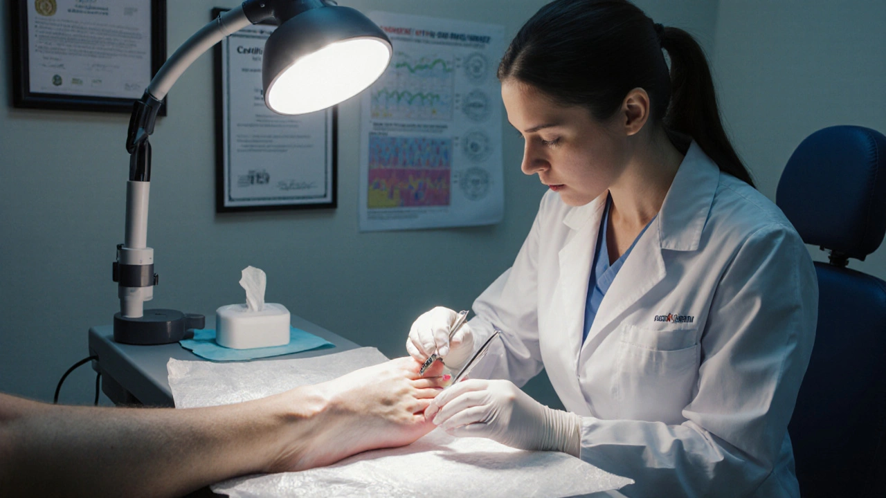 Medical pedicure for diabetic patient: nurse inspecting foot with sterilized tools in clinical setting.