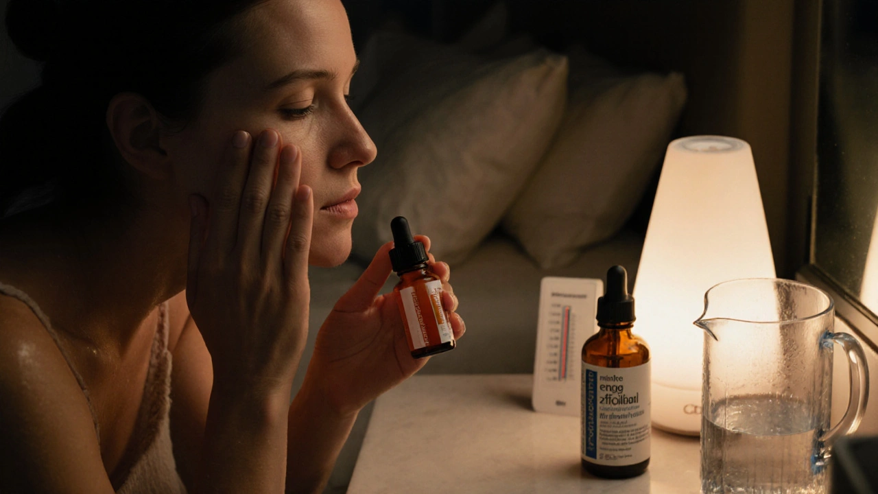 Noční rituál péče o pleť: žena nanáší sérum a olej pod teplým osvětlením, vedle ní vlhčič a sklenice vody.