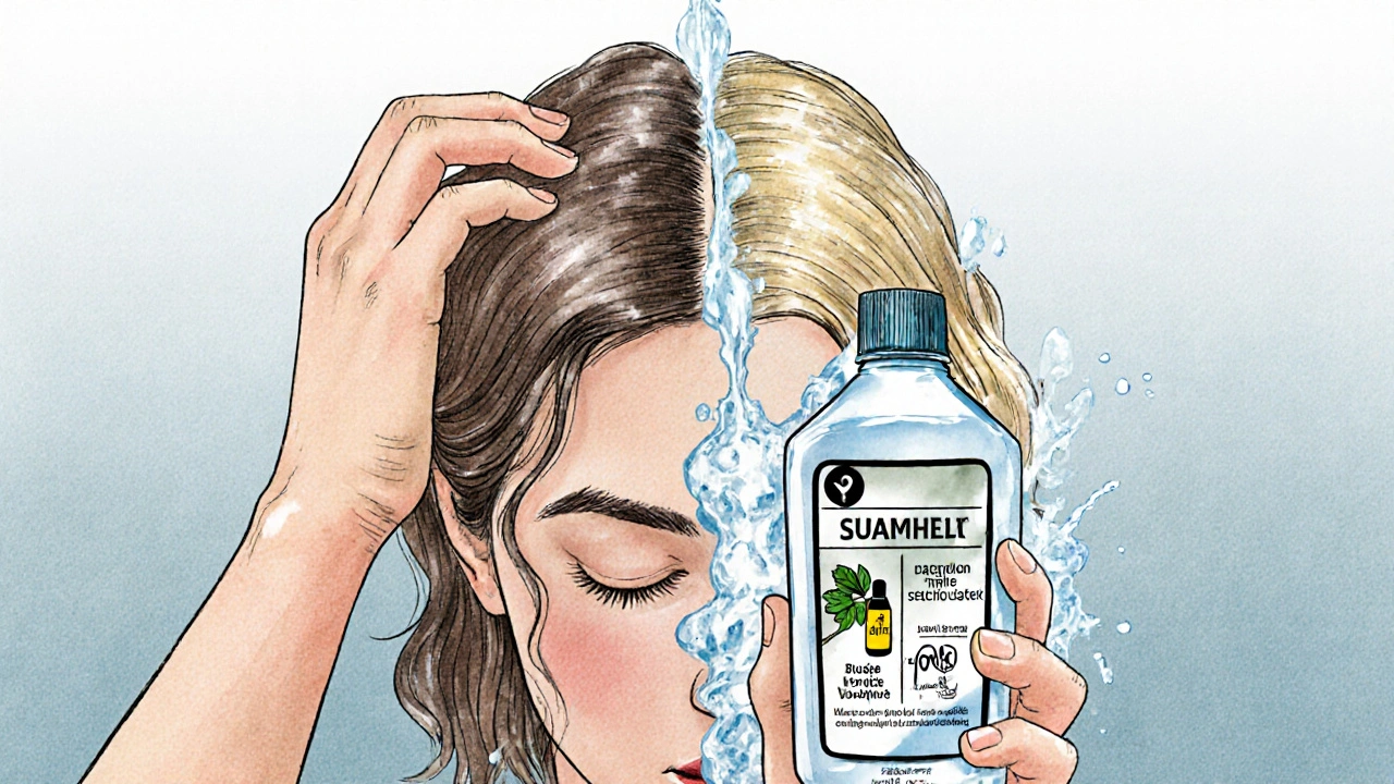 Osoba aplikuje šampon jen na kořeny vlasů, zatímco koncovky oplachuje vodou.