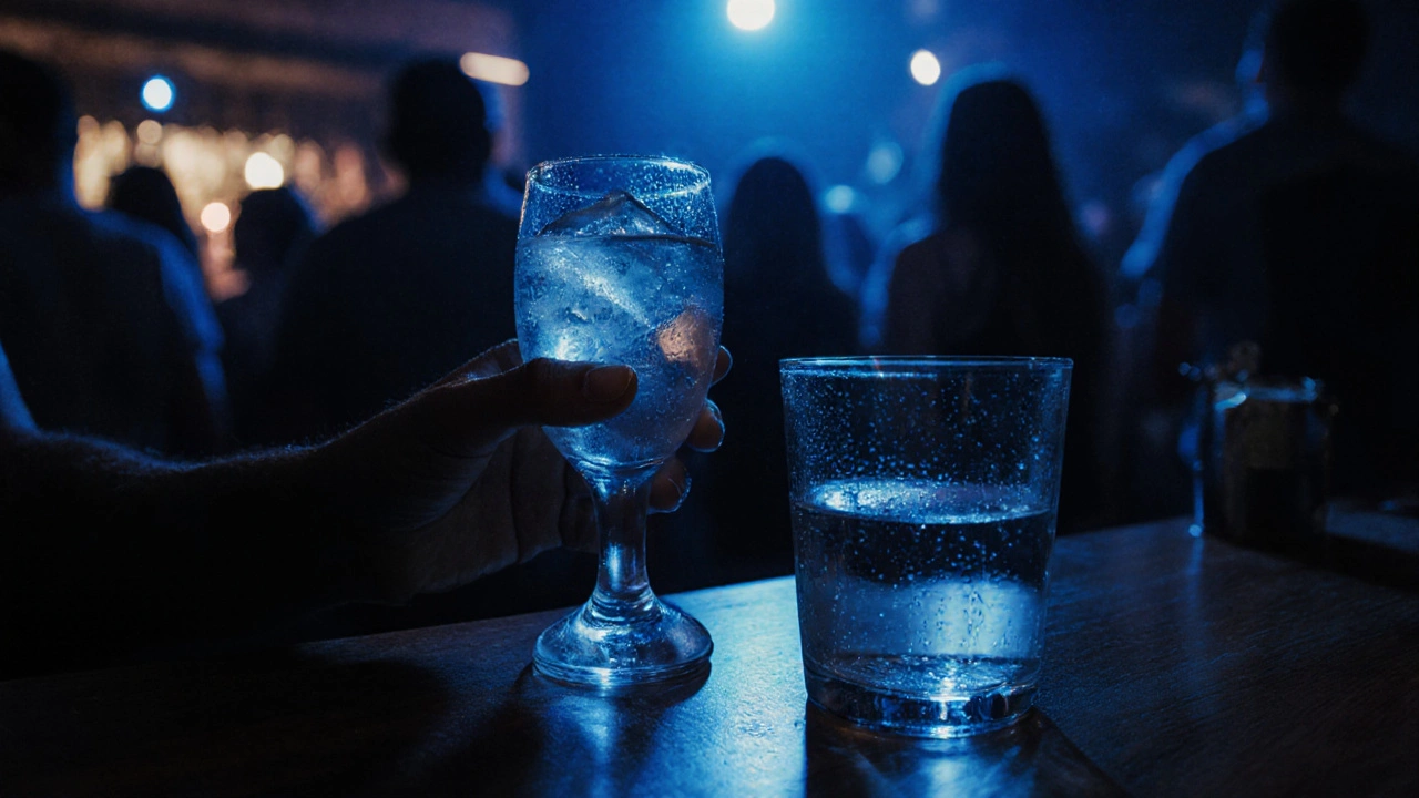 Osoba pije víno, vedle ní sklenice vody na baru v atmosféře večerního večírku.