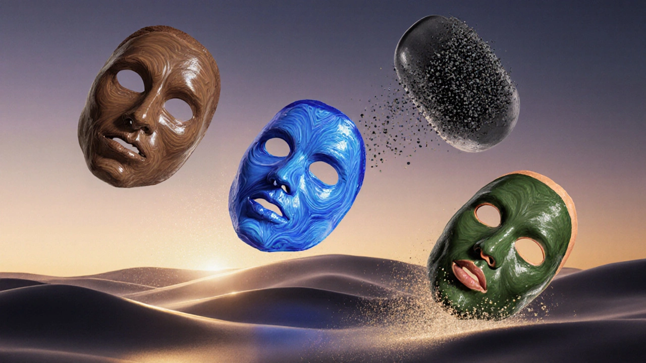Pět typů mask pro pleť ve stylu abstraktního umění s různými barvami a texturami.