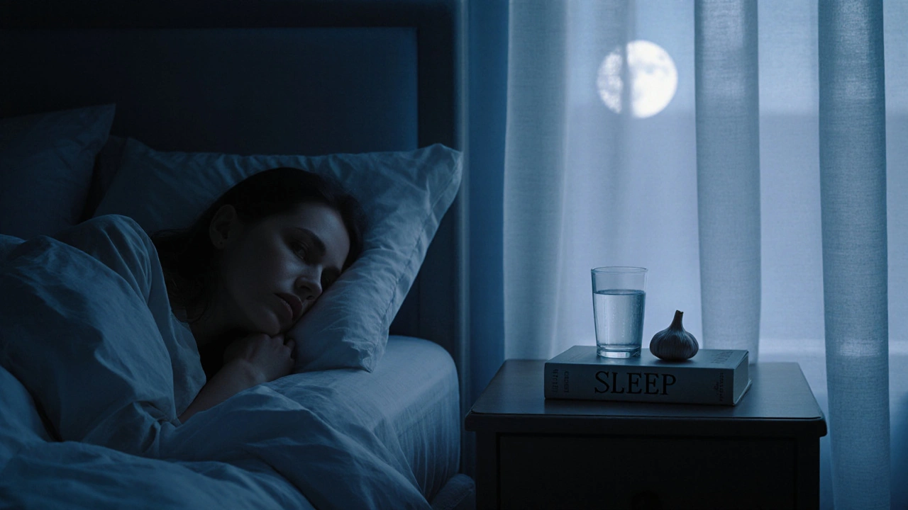Pokoj v noci, člověk spí, na nočním stolku sklenice vody a česnek.