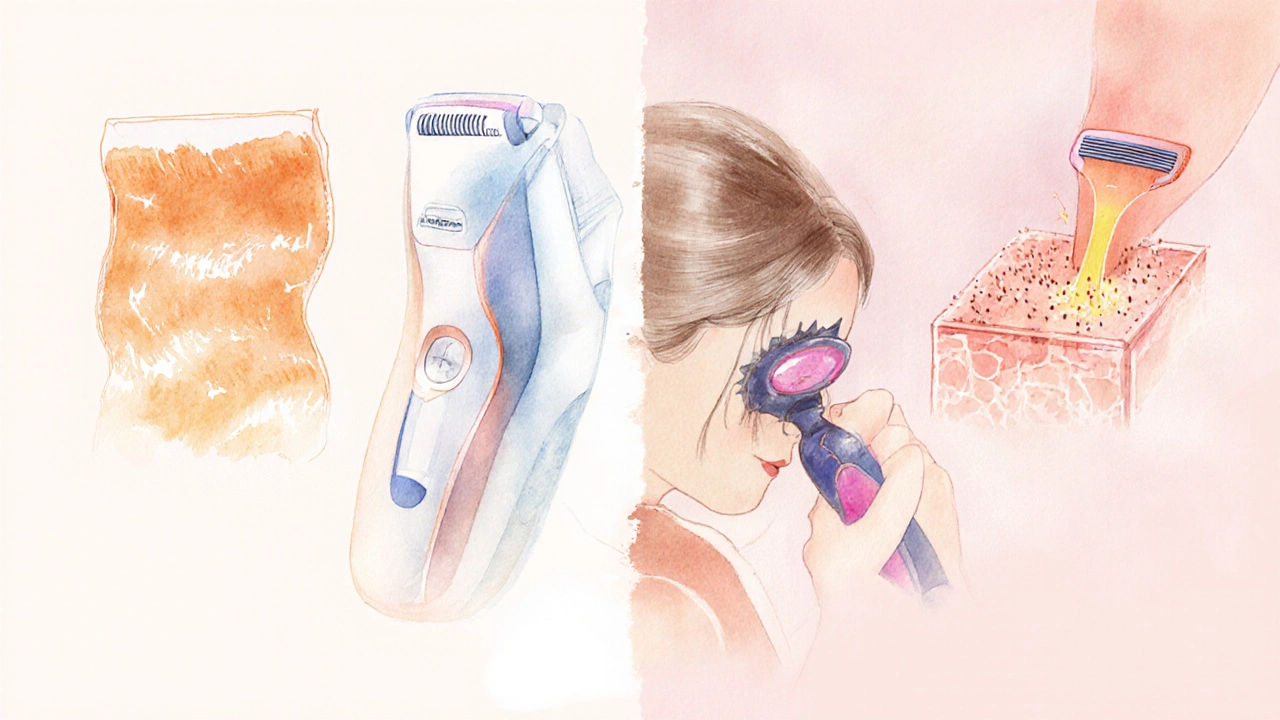 Porovnání čtyř metod odstraňování chloupků: vosk, epilátor, laser a břitví.