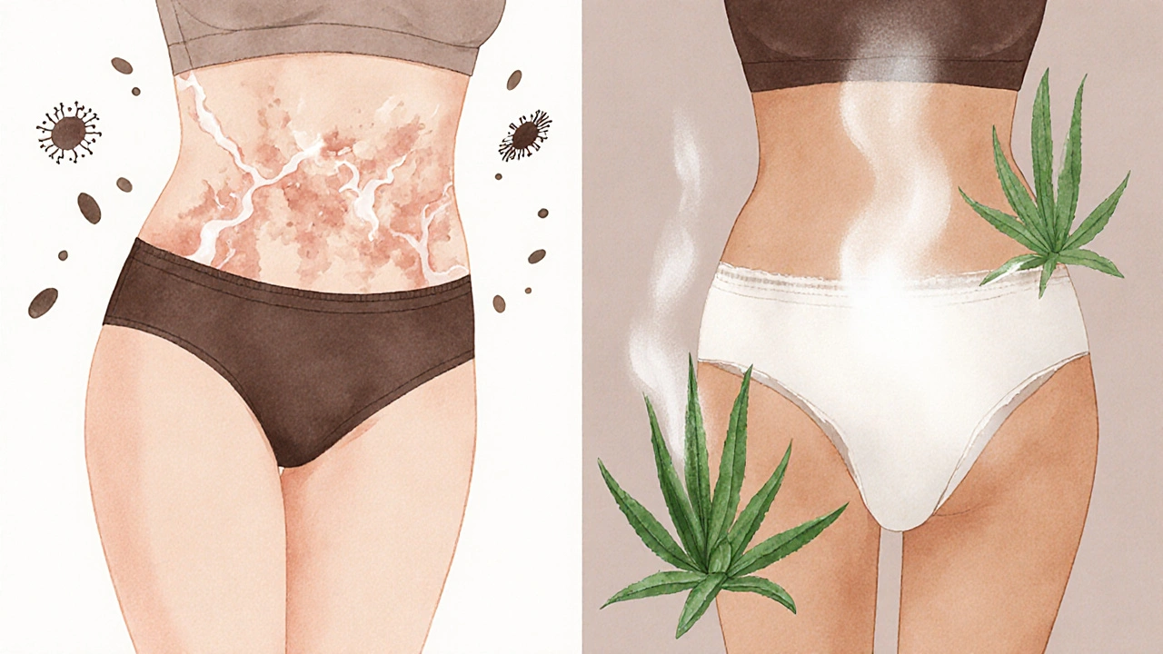 Porovnání iritace z těsného oblečení a uklidnění přirozenými prostředky.