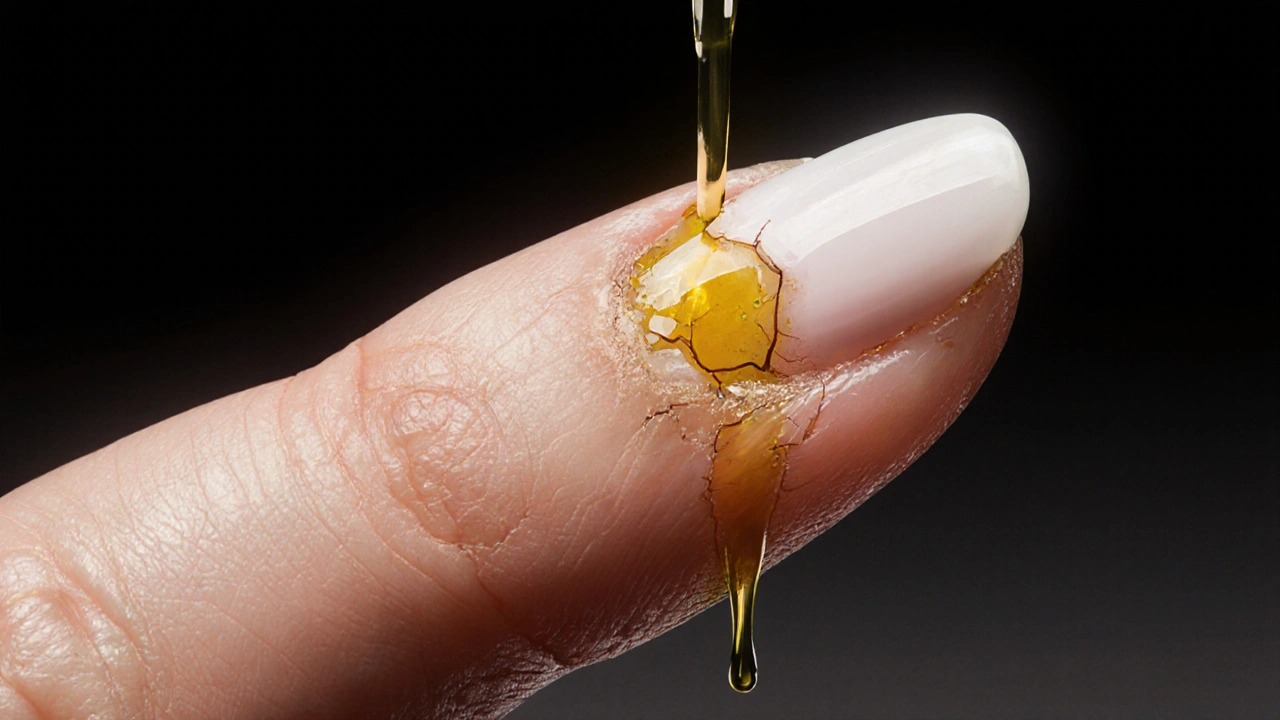 Poškozené nehtové lůžko pod odlepujícím gel lakem s kapkami oleje.
