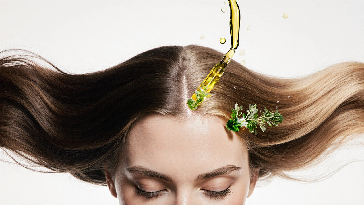 Přechod od poškozených k zdravým vlasům s přírodními oleji proudícími do vlákna.