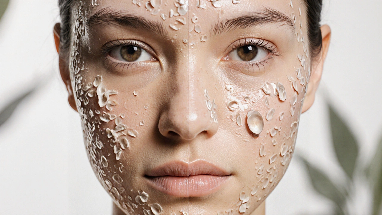 Před a po: porovnání matné a zářivé pokožky po použití masky.