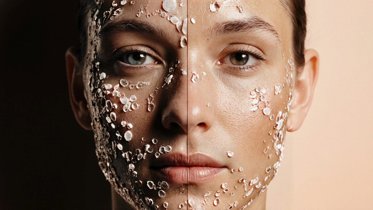 Před a po: šedivá, drsná pleť na jedné straně, jasná a hladká pleť na druhé.