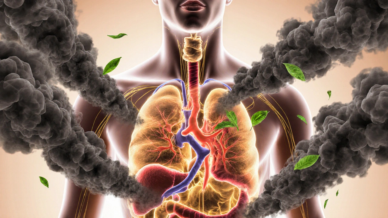 Průhledný lidský organismus s osvětlenými orgány a čistícími tokem toxinů.