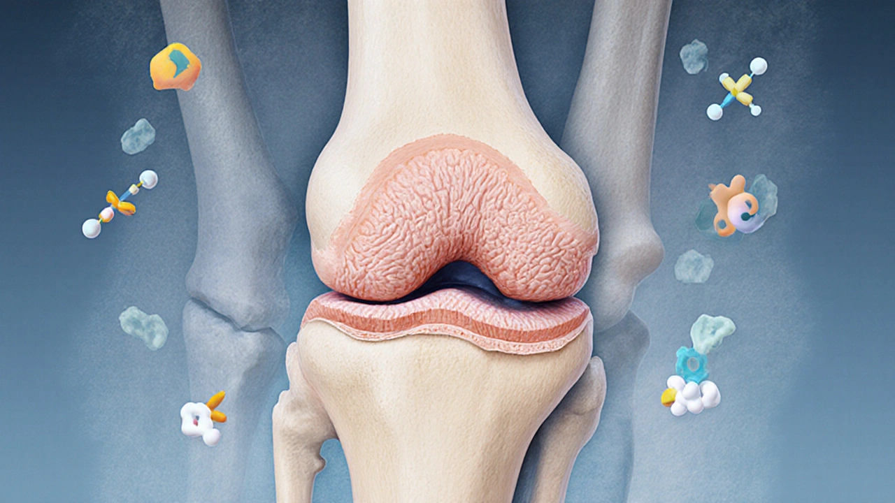 Průřez kolenního kloubu s tenkou chrupavkou, která se ztenčuje pod vlivem kolagenu a doplňků.
