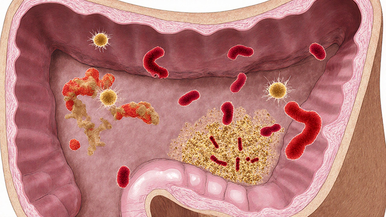 Průřez střev psa s pivovarskými kvasnicemi a přirozeně rostoucími laktobacily.