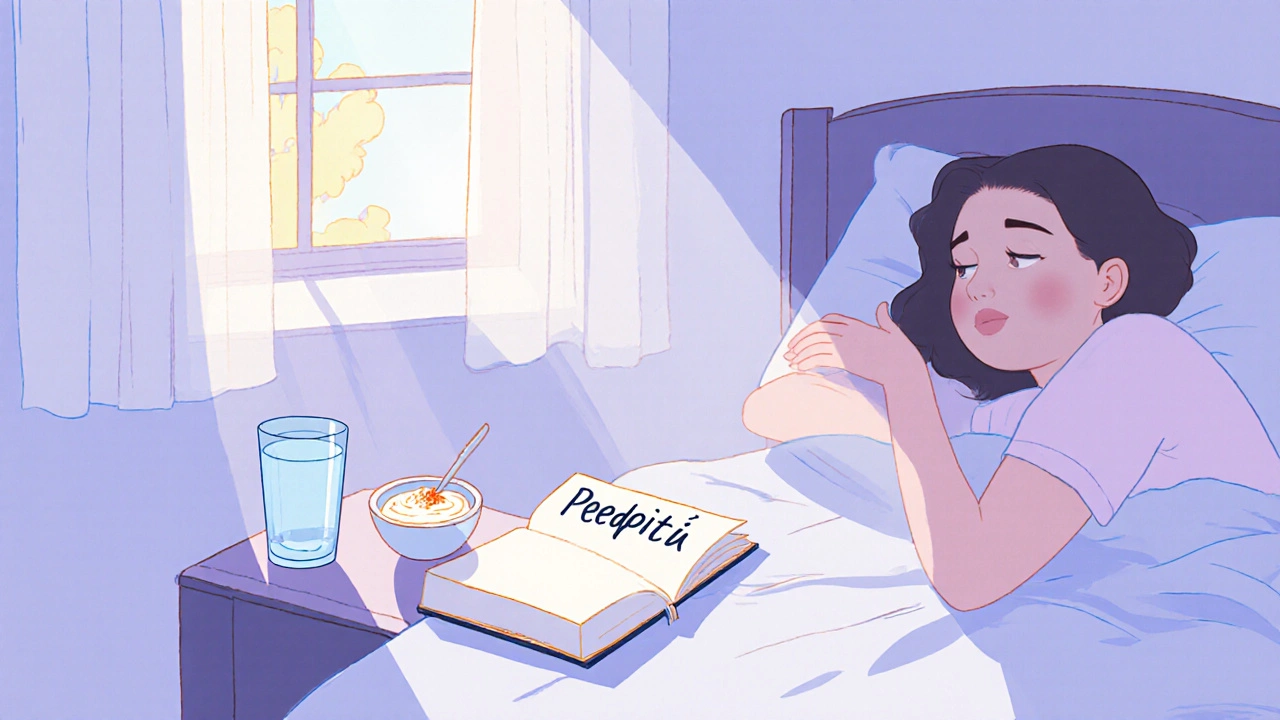 Ráno v posteli, sklenice vody a jogurt s probiotiky na nočním stolku, sluneční světlo.