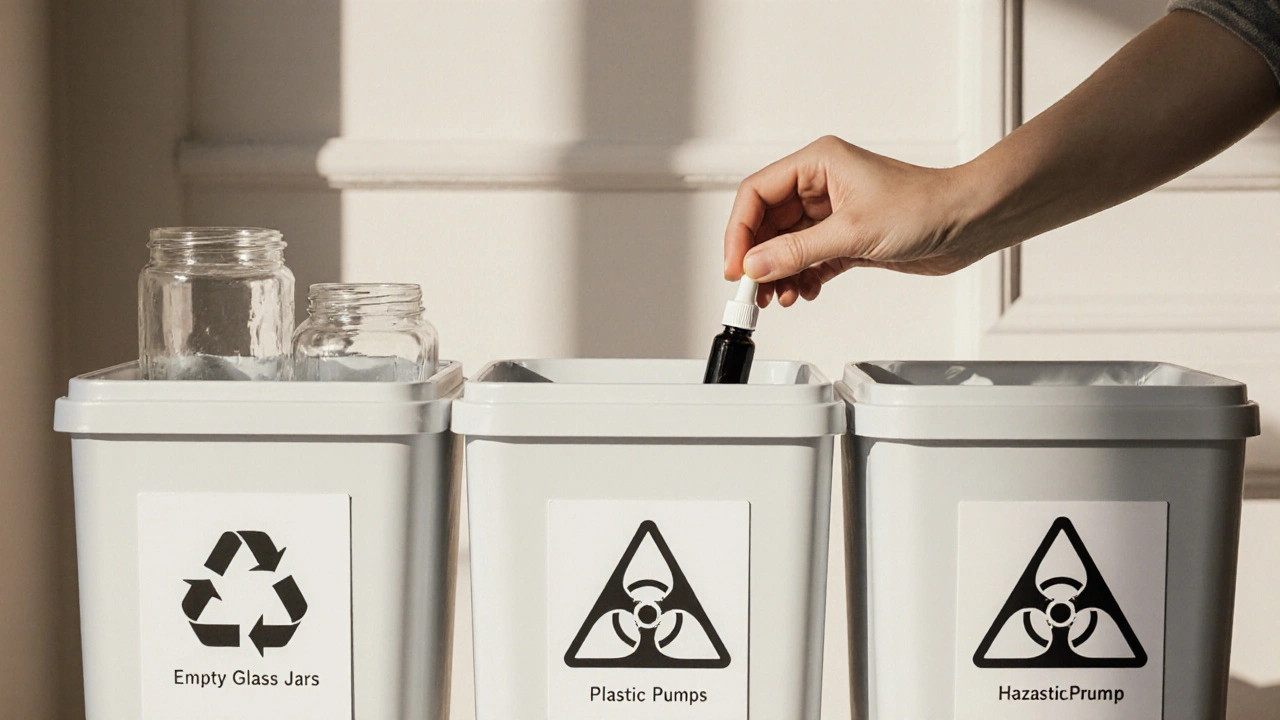 Recyklační stanice v lékárně s rozdělenými kontejnery pro starou kosmetiku.